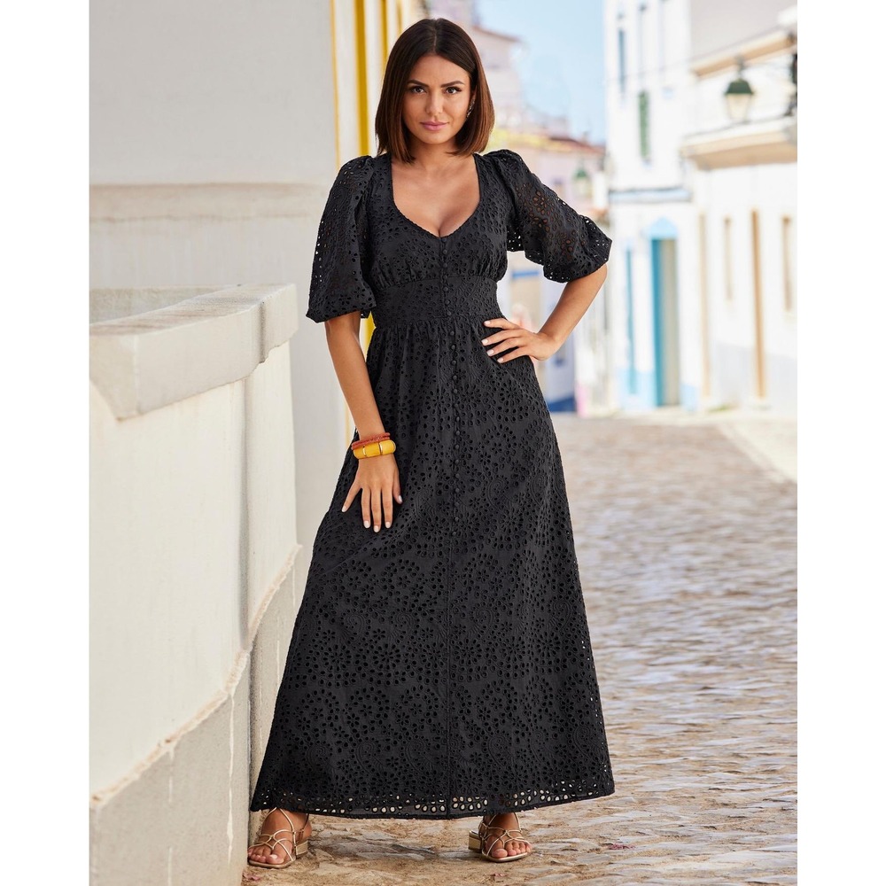 Boston Proper Eyelet Button Front Maxi Dress Size 10 Black Cotton Minimalist